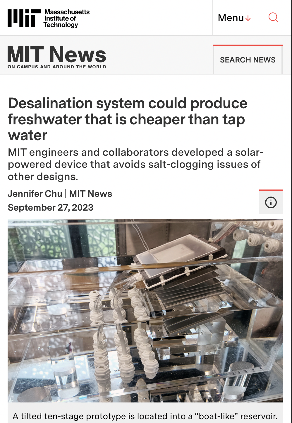 extreme salt resisting multistage solar distillation with thermohaline convection - Massachusetts Institute of Technology Mit News On Campus And Around The World Menu Search News Desalination system could produce freshwater that is cheaper than tap water